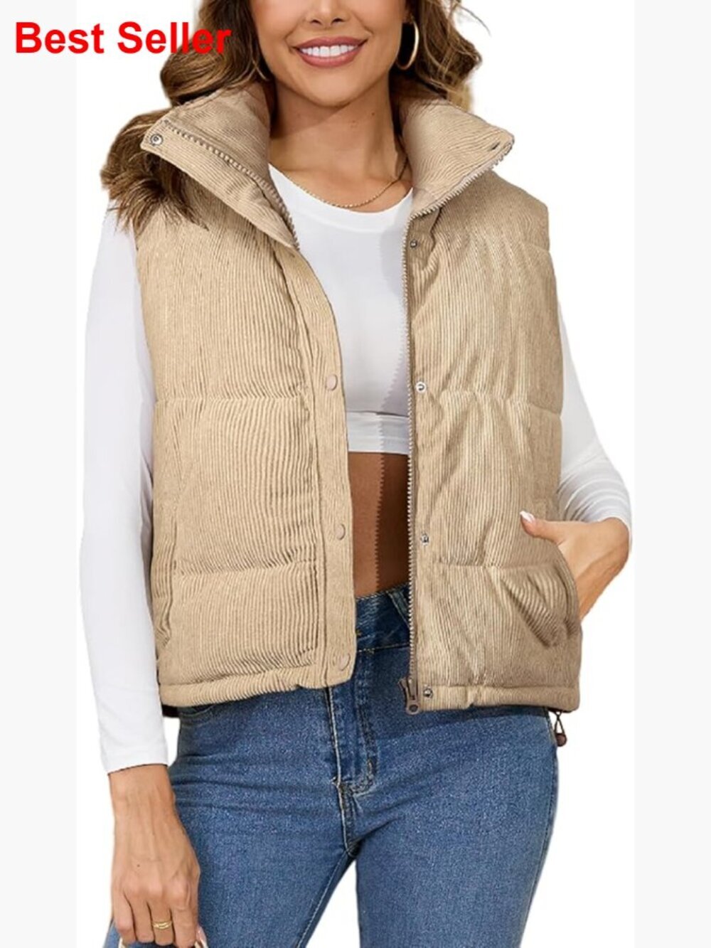Corduroy Puffer Vest Stand Collar Zip Up Sleeveless Quilted Jacket